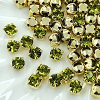 Шатоны Чехия Оливковые в золотой оправе Olivine DF+gold, 4мм, 10шт